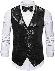 [HEYDHSDC] Men Vintage Sequins Suit Dress Vests With Pockets Ball Party Stage Performance Splice Waistcoat Black S