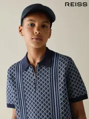 Reiss Navy/Airforce Blue Sanderson 9-13 yrs Diamond Stitch Half-Zip Polo Shirt (B43700) | $80