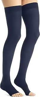 JOBST Maternity Opaque Thigh High Compression Stockings, 15-20 mmHg Moderate Support for Aching Legs During Pregnancy, Open Toe, Navy, Large