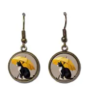 Tuxedo Cat in the Rain - Handmade Round Resin Dangling Earrings 16mm