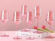 Physkoa Pink Crystal Wine Glasses Set of 6-15oz, Hand Blown, Long Stem, Wedding, Birthday, Christmas Gifts
