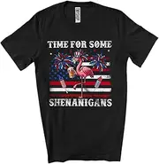 [Generic] Time for Some Shenanigans; Amusing 4th of July Vintage US Flag Flamingo Drinking Beer; Patriotic Unisex T-Shirt