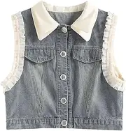 [Jegsnoe] Women Pearl Mesh Ruffled Patchwork Short Denim Vest Summer Turndown Collar Sleeveless Waistcoat