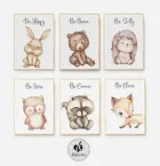 Baby Woodland Nursery Prints, set of 6, Be brave, be happy, be clever, be silly
