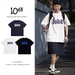 『1068』JUICE 微笑字體 笑臉 立體發泡 細絨布 男女不拘 短袖 寬鬆 落肩 短袖TEE【A88910】