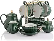 [Sweejar Home] Porcelain Tea Sets British Royal Series,Cups and Saucer Service for 6, with Teapot Cream Pitcher Teaspoons and Tea Strainer, Suitable for High Tea, Wedding, Party (Jade)