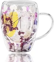 Gifts for Women Aesthetic Dried Flowers Double Wall Glass Coffee Mugs Tea Cups with Handles and Insulated Layer,for Women Best Friend Teacher Mum Christmas Birthday Gifts (Purple)