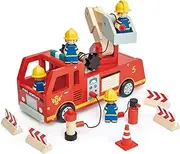 Tender Leaf Toys Fire Engine - Red Wooden Fire Tender with Wooden Figures and Accessories for Children