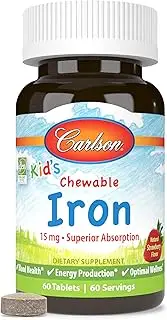 Carlson - Kid's Chewable Iron, 15 mg - Superior Absorption, Blood Health, Energy Production & Optimal Wellness, Strawberry, 60 Tablets