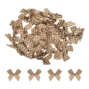 30Pcs Mini Gingham Ribbon Bow 1.5" Checkered Fabric Satin Brown and Light Yellow