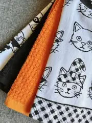 New Kassatex Halloween Cat Spooky Orange Black White Kitchen Towels Set of 4