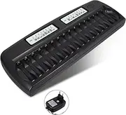 16 Slot Battery Charger, Universal Intelligent Battery Charger with Two 3 Inch Large Screen LCD Displays, DC 12V 2A Charger (EU Plug)