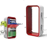 wigmoa OYO-1【40cm】Game Storage Tower Compatible with PS5/ Xbox Series S & X/Switch, Universal Video Games Discs Organizers 18 PCS with 4 Controllers Holder, Game Disk Box Stand. (White/Red)