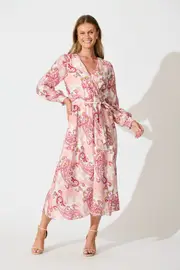 Eliza Maxi Dress Full Length Sleeve in White with Pink Leaf Print 8