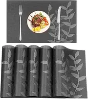 PAUWER Placemats Set of 8 Crossweave Woven Vinyl Placemat for Dining Table Heat Resistant Non-slip Kitchen Table Place Mats Easy to Clean (8, Floral Black)