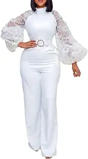 [GHAKKE] Women's Elegant Lace Mesh Long Puff Sleeve Patchwork Jumpsuits Mock Neck Bow Tie Belted Wide Leg Long Pants Rompers