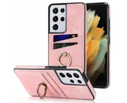 Full Protection Cover for Samsung Galaxy S21 Ultra, 2 Cards PU Leather Case with Ring Holder - Pink