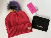 Betsey Johnson 2 Piece Gift Set Colorful Pompom Hat & Black ID Card Case Wallet
