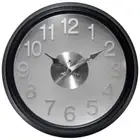 Wall Clock Black Case Round Bold Modern Glass Lens Silver Face Quartz Movement
