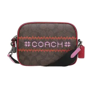 【COACH】限量款紅x深咖啡PVC粉紅刺繡印花LOGO小款單拉鍊相機斜背包