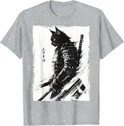 [JIAGANYI] Samurai Warrior Cat Graphic Tee Vintage Japanese Art Anime T-Shirt