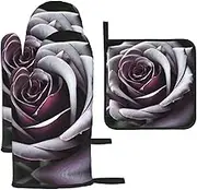 Gothic Rose Flower Print Heat Resistant BBQ Gloves Oven Mitts and Pot Holders Set for Kitchen Baking Set