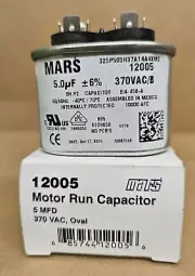 Mars 12005 Motor Run Capacitor 5 MFD 370 VAC Oval