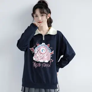 韓衣間 女裝館 M-XXL👕🎅【純棉華棉330克】落肩款半拉鏈polo領衛衣女春秋薄款上衣◆💘