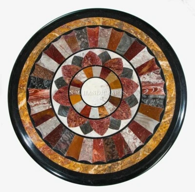 18" Black Round Marble Table Top Inlay Pietra dura​ Handicraft Work