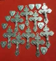 CHRISTIAN CATHOLIC 20 PCS CROSS & ROSARY Center silver PLATED ITALY