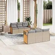 7 Piece Garden Sofa Set with Cushions Beige Poly Rattan, Conversation Sets