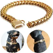 Tiasri Gold Cuban Chain Dog Collar Solid Stainless Steel Link Chain Thick Pet Collar Cool Zirconia Lock Small Medium Large Dogs Collar (16"(for 13.6-15.5" Dog's Neck))