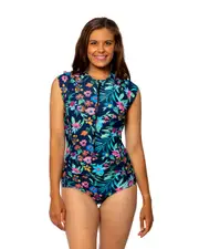 Chlorine Resistant Short Sleeve One Piece Swimsuit Colourful Painterly-Blue Print