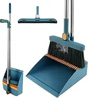 3Pcs Floor Sweeping Set with Long Handle 180°Rotating Floor Broom Squeegee Dustpan Set Foldable Stand Dustpan and Broom Combo with Comb Teeth Squeegee Broom for Kitchen Office Home Floor (Blue)