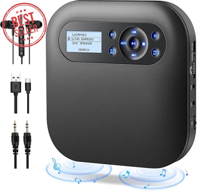 Portable CD Player with Bluetooth, 2000mAh Rechargeable, FM Radio, AUX Support
