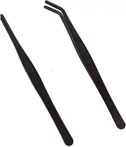 Miupoo Long Handle Stainless Steel Paint Straight and Curved Tweezers Nippers,Extra Long Precision Craft Tweezers Set with Serrated Tips,Black,2 pieces,9.8Inches