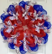 Three Cheers For The Red White And Blue Patriotic Ribbon Deco Mesh Wreath