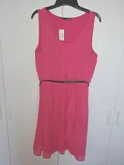 MAURICES LADIES SLEEVELESS SHEER PARTY DRESS-JR. L-NWT-$44-HOT PINK W/BLK BELT