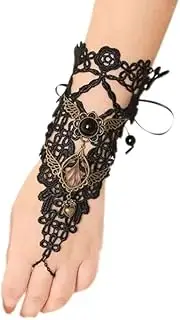 [Generic] Gothic Black Lace Bracelet with Finger Ring Flower Gemstone Teardrop Harness Bracelet Vintage Wristband Wedding Prom Festival Hand Chain Jewelry for Women