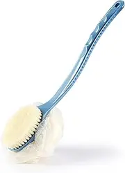 Shower Body Brush with Bristles and Loofah, Back Scrubber Bath Mesh Sponge with Curved Long Handle for Skin Exfoliation, Massage Bristles Ideal for Wet or Dry Use, Suitable for Both Men and Women (blue)