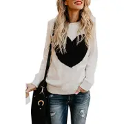 Nevenka Women's Long Sleeve Pullover Sweater CrewNeck Cute Heart Knit Sweater-Beige