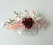Preserved hydrangea flower hair comb dried bunny tails artificial burgundy rose