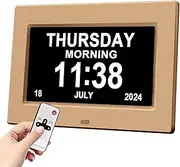 Digital Clock with Date -Dementia Clock Australia for Seniors, 7" Large Screen Display, Am Pm, 12 Alarm, Auto Night Dimming, Remote Control, Large Digital Wall Clock for Elderly (Gold)
