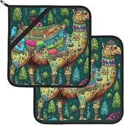2 Pack Pot Holders for Kitchen Heat Resistant Potholders Colorful Camel Hand Drawing Pot Holders Set Washable Hot Pads with Loop Non Slip Potholders for Cooking Baking BBQ Microwave 8 x 8 Inch