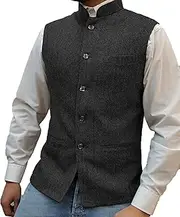 [Tuikayoo] Mens Herringbone Wool Vests Suit Business Tweed High Collar Waistcoats Slim Fit