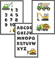 Himmelzucker Premium Wall Pictures, Set of 3 for Children's Room, Baby Room, Poster, DIN A4, Children's Poster, Boys, Girls Pictures, Cars, Construction Site Vehicles (A4 without Frame) (Construction Vehicles & ABC)