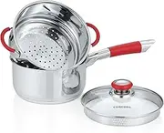 Concord Stainless Steel Simple Pour Saucepan with Steamer Tier. Vented Glass Lid. Features Dual Pouring Spouts and Volume Marking on Pot. Perfect for Making Sauces, Jam, Ramen, and More (3 Quart)