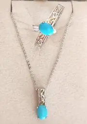 Sleeping Beauty Turquoise Ring & Necklace in Platinum Sterling Gold Accents Sz9