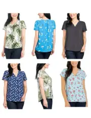 Hilary Radley Women's Printed V Neck Blouse Short Sleeve Comfort Fit