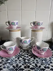 Retro Set Of Royal Sutherland Floral Bone China Tea Set With Creamer 1960s